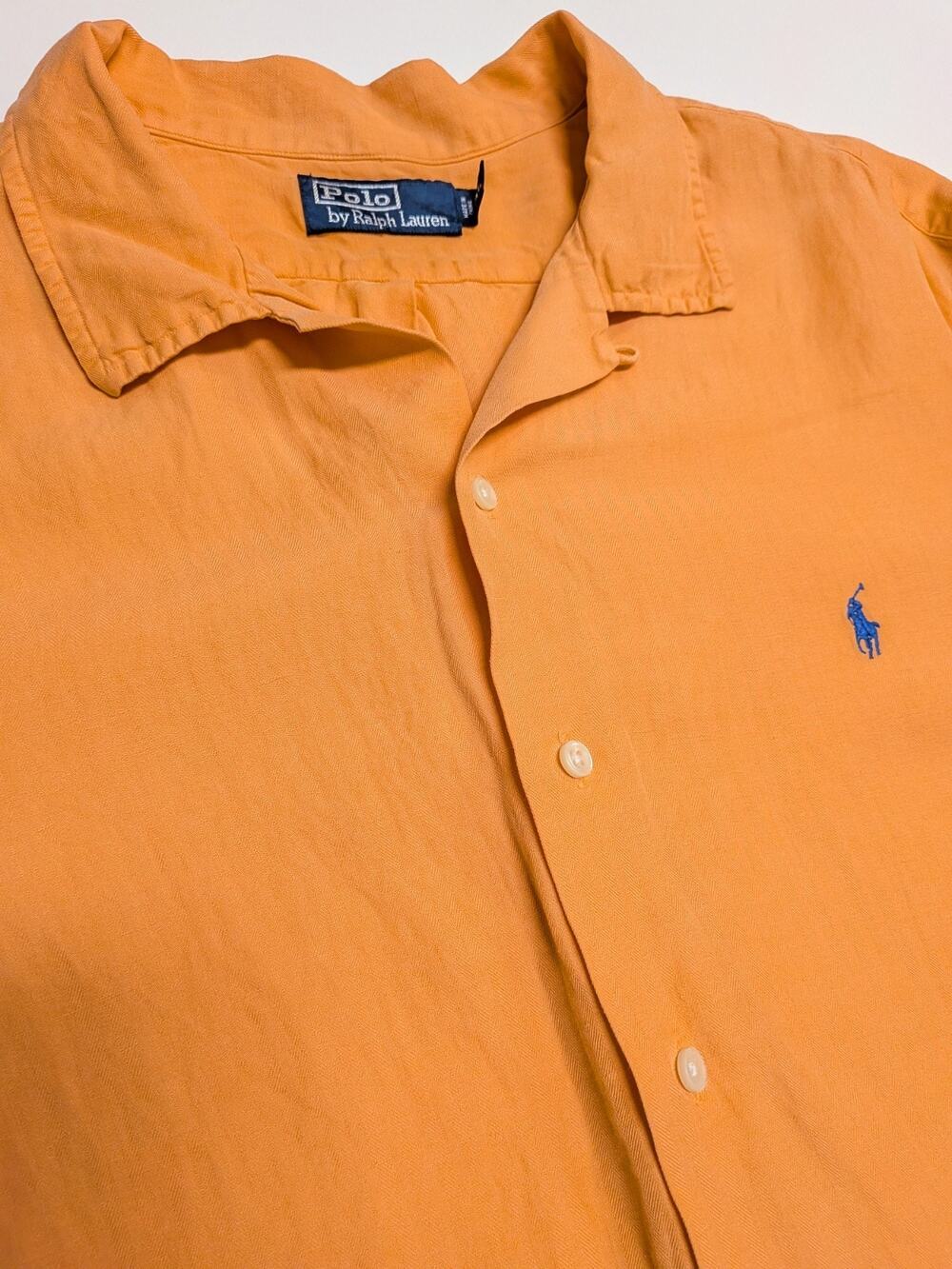 Vtg Polo Ralph Lauren Silk Linen Orange Blue Pony Loop Collar Camp Shirt XXL